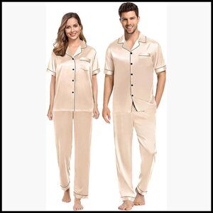 Silky Satin Couples Pajama Set Short Sleeve Button Down with Long Pants
